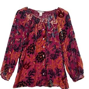 Sundance Silk Rayon Velvet Burnout Peasant Boho Blouse‎ Red Floral Smocked XS